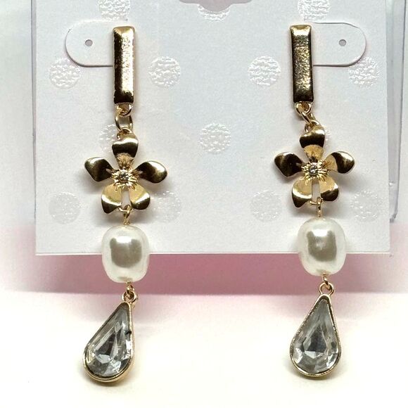 ISAAC MIZRAHI Gold Tone Flower Crystal Dangling Post  Earrings - Picture 2 of 5